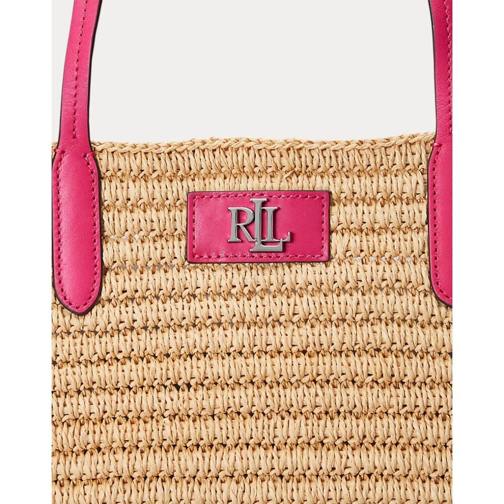 Lauren Ralph Lauren Natural Sport Pink Brie Leather Trim Straw Totebag Handbag - Picture 3 of 6